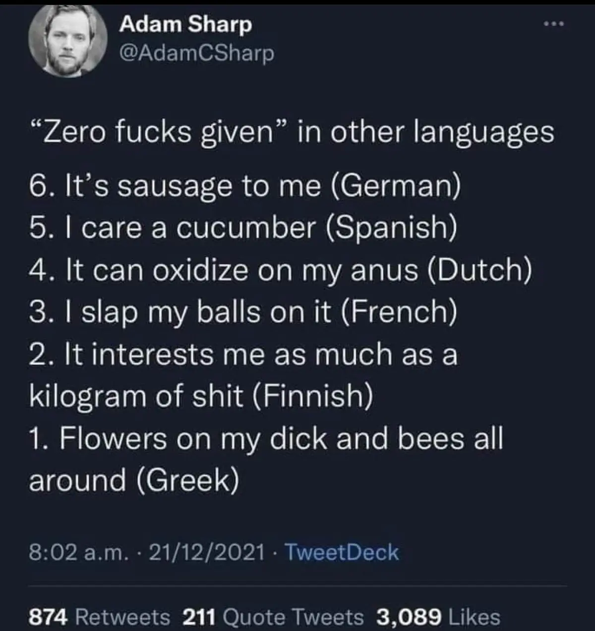 A screenshot of a tweet by Adam Sharp (@AdamCSharp) listing humorous, literal translations of "zero fucks given" into…