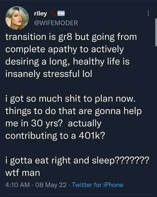 A screenshot of a Twitter post by user @WIFEMODER, showing a person expressing frustration about the stress of transitioning…