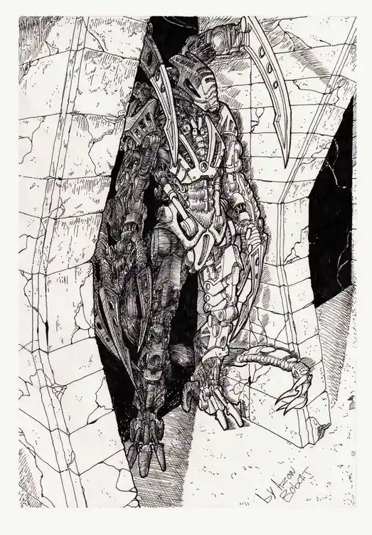 A black-and-white ink drawing shows a heavily armored, biomechanical creature with multiple limbs and sharp blades emerging…