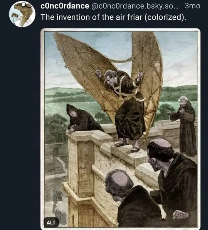 A historical-style illustration depicts a monk in a dark robe standing on a stone rooftop, wearing large, homemade kite-like…