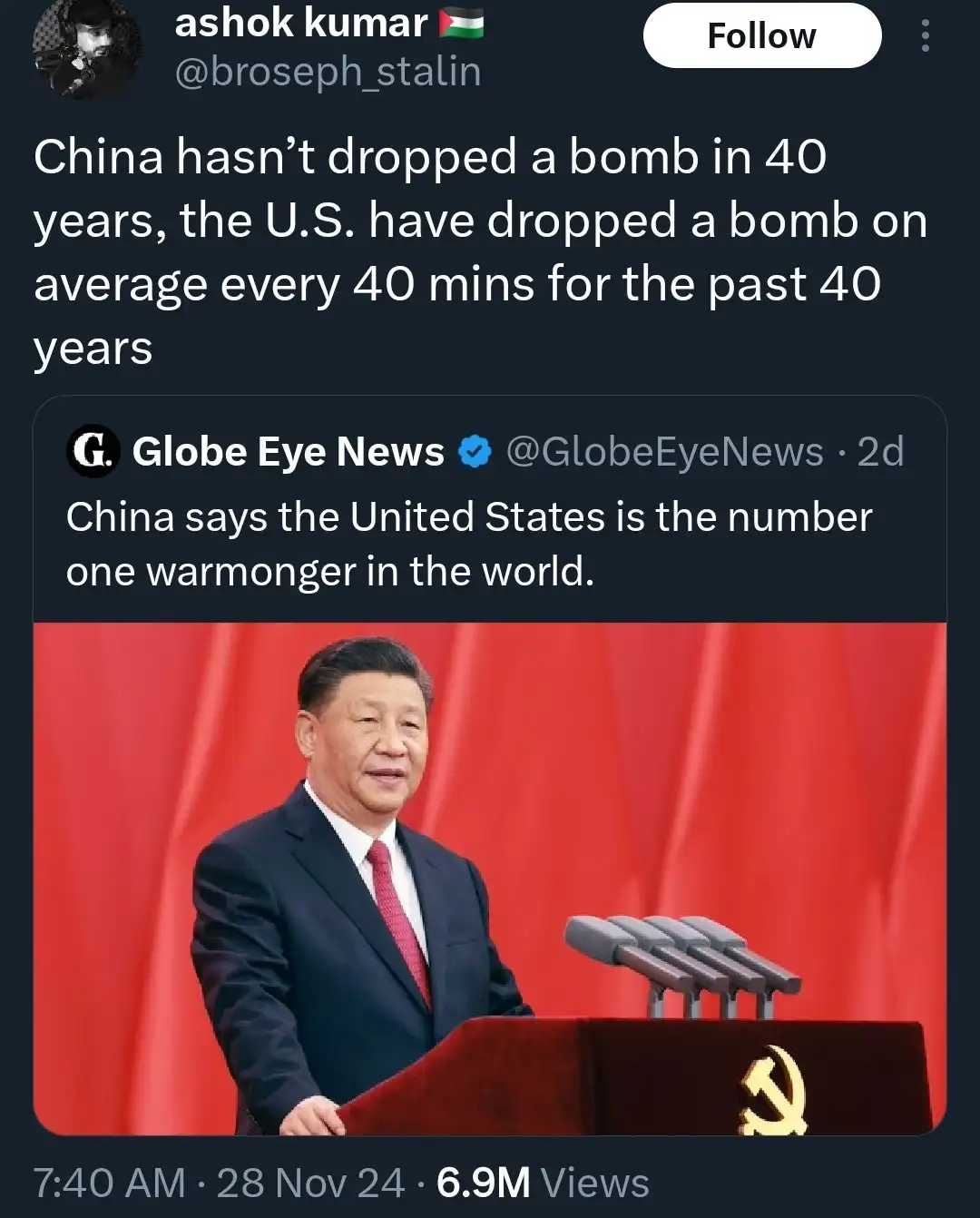 A screenshot of a tweet by user 'ashok kumar' showing a photo of Chinese leader Xi Jinping speaking at a podium with a red…