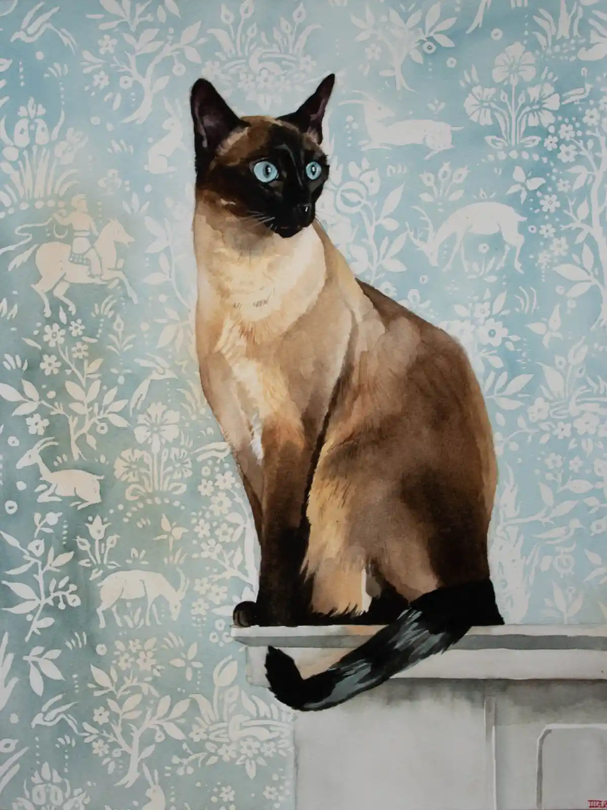 A watercolor painting of a Siamese cat with striking blue eyes, sitting upright on a windowsill against a light blue…