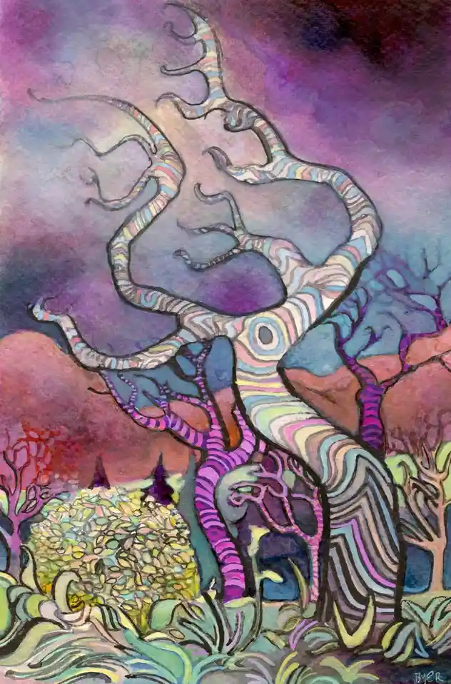 A surreal, psychedelic painting depicts a large, stylized tree with a human-like face and multiple twisting, striped…