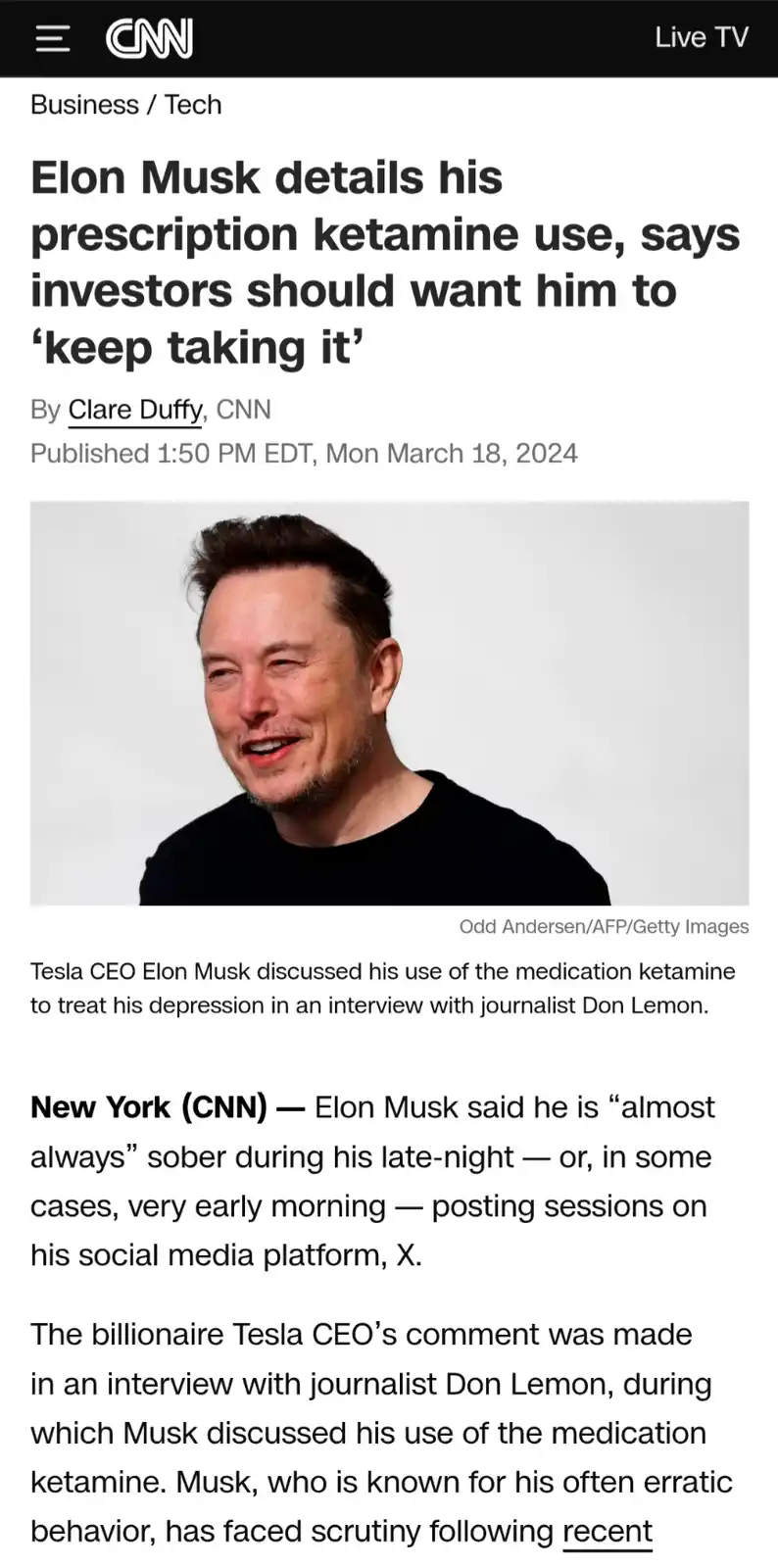 A screenshot of a CNN news article from March 18, 2024, featuring a photo of Elon Musk smiling. The headline reads 'Elon…