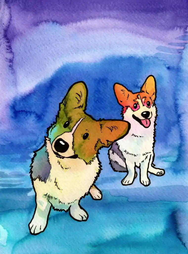 A watercolor illustration shows two corgis against a blue and purple gradient background. The corgi on the left has a large…