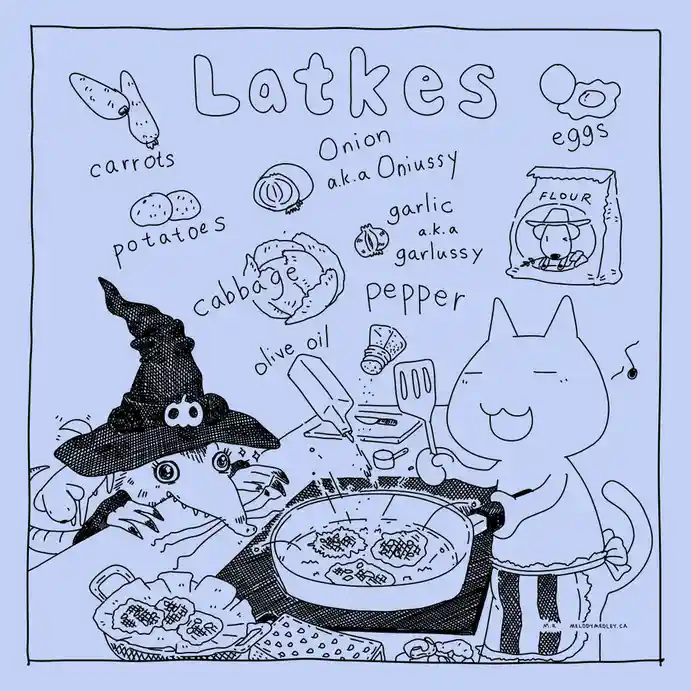 A cartoon witch and cat cook latkes in a frying pan, surrounded by ingredients like carrots, potatoes, cabbage, onion…