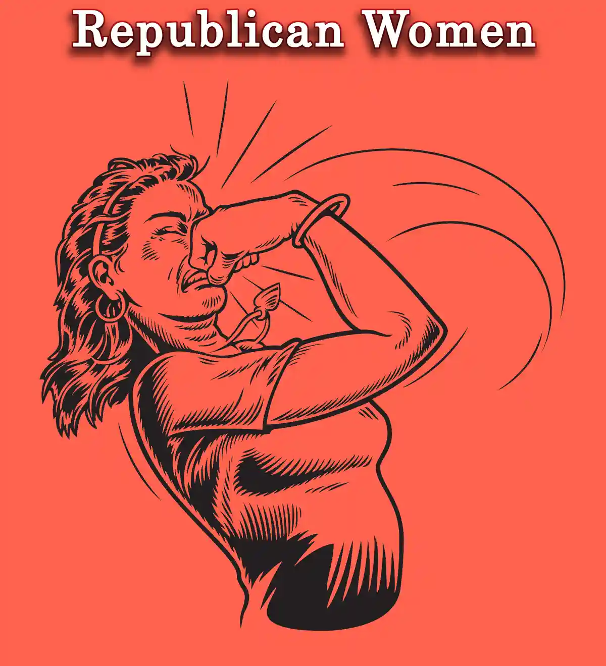 A stylized illustration of a muscular woman with long hair and hoop earrings, flexing her bicep while holding a small object…