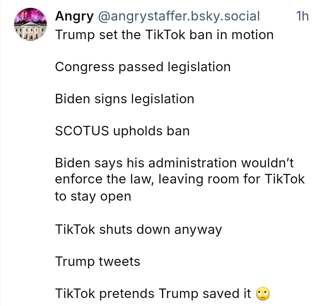 A screenshot of a social media post listing a sequence of events regarding the TikTok ban, ending with 'TikTok pretends…