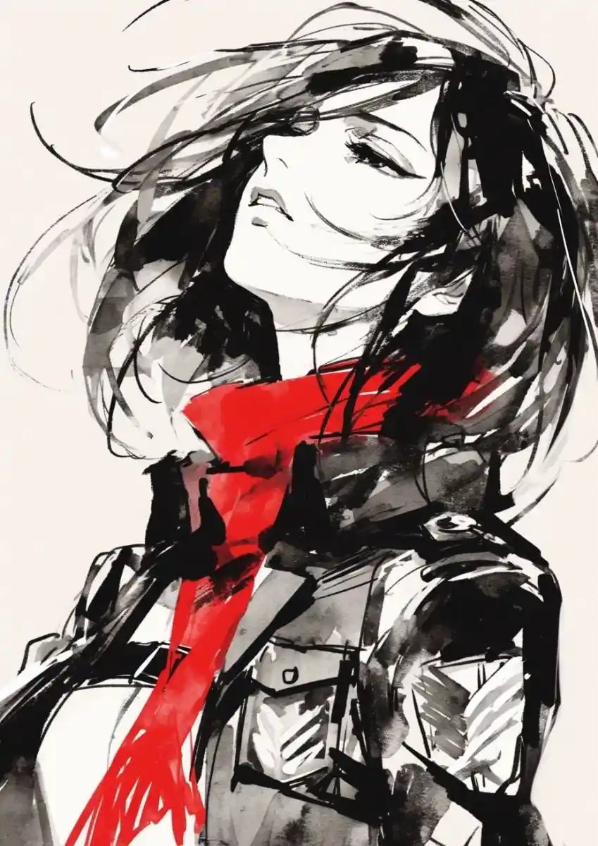 A black-and-white anime-style illustration of a woman with windswept hair, wearing a detailed jacket with a prominent red…
