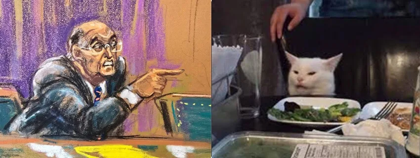 The image is a split-screen meme. On the left, a courtroom sketch shows a stern judge pointing accusingly at someone…