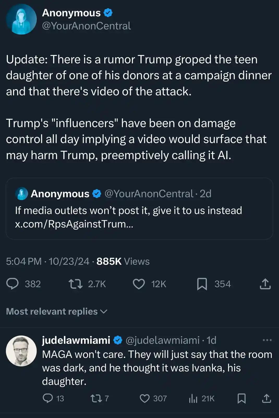A screenshot of a Twitter post from 'Anonymous @YourAnonCentral' discussing a rumor about Donald Trump groping a teen…