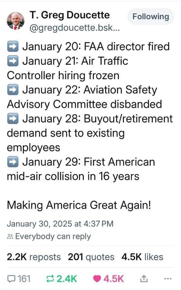 A screenshot of a Twitter post by T. Greg Doucette listing a series of aviation-related negative events that occurred in…
