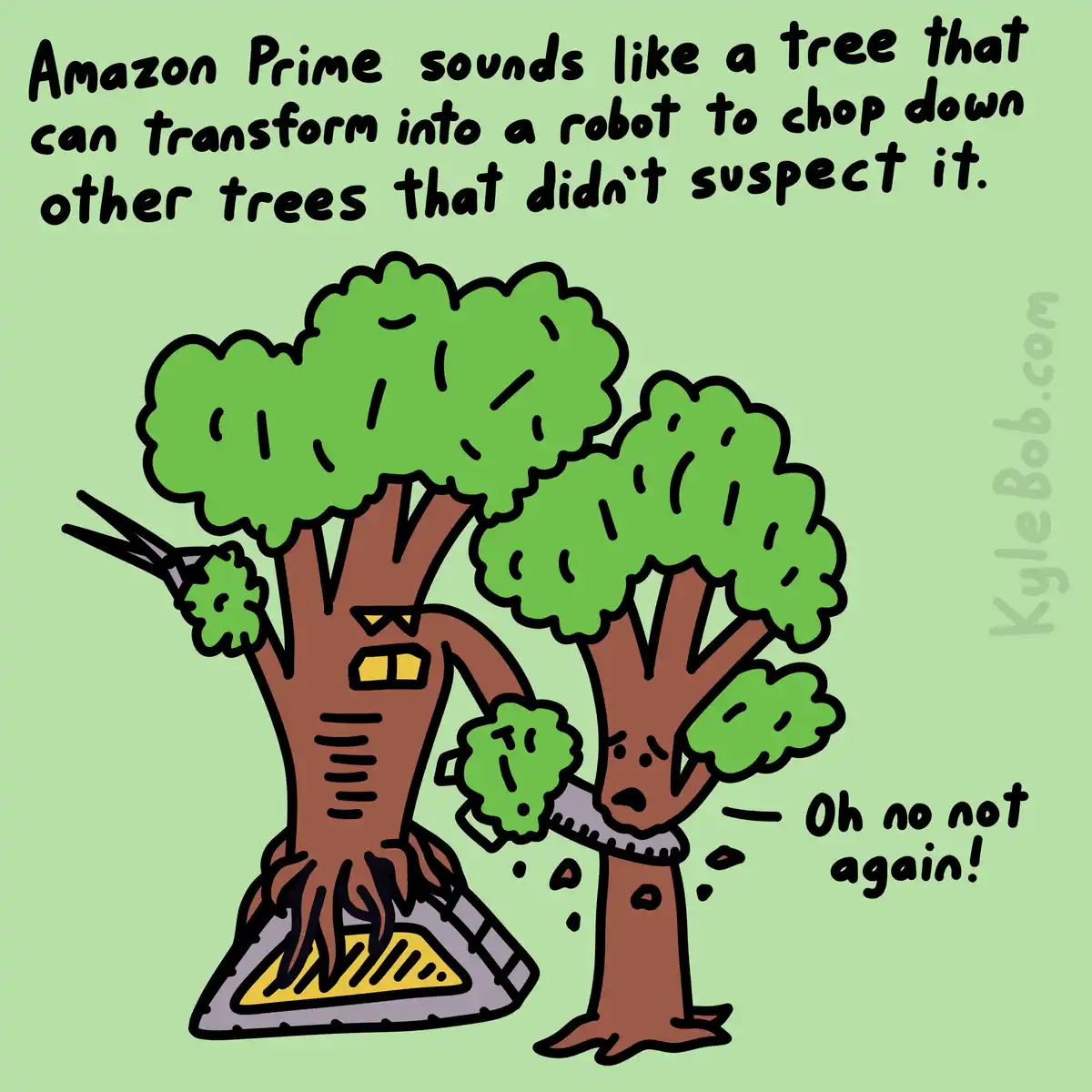 A cartoon drawing shows a tree with robotic features, including glowing yellow eyes and mechanical limbs, wielding a…