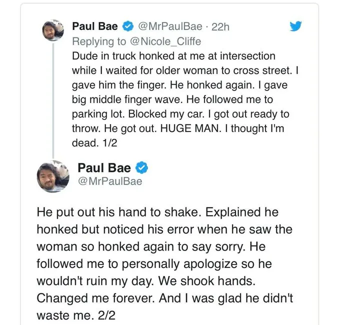 A screenshot of two tweets by Paul Bae (@MrPaulBae) detailing a story where he initially reacted angrily to a truck driver…