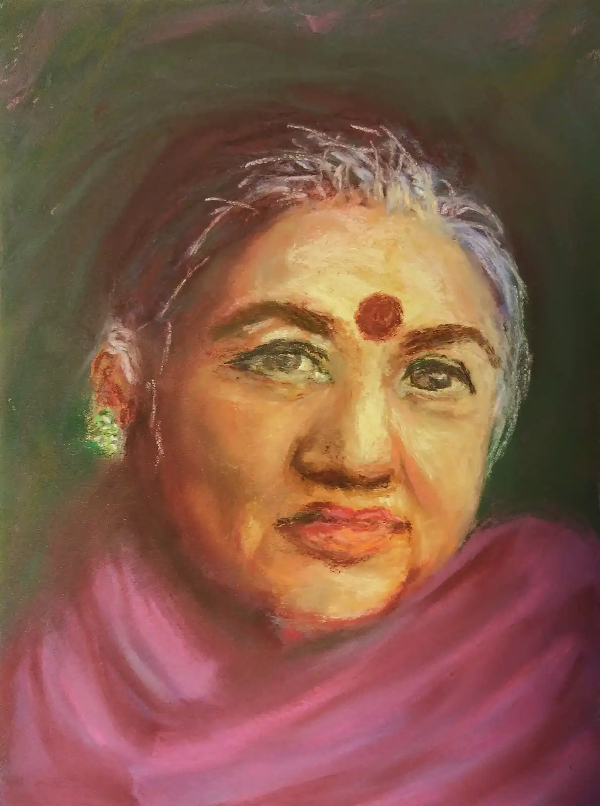 A pastel painting of an elderly woman with gray hair, a red bindi on her forehead, and a green earring, wearing a pink shawl…