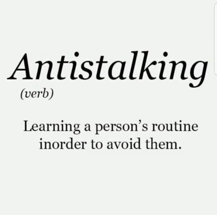 The image displays a dictionary-style definition with the word 'Antistalking' in large, bold font, labeled as a verb. Below…