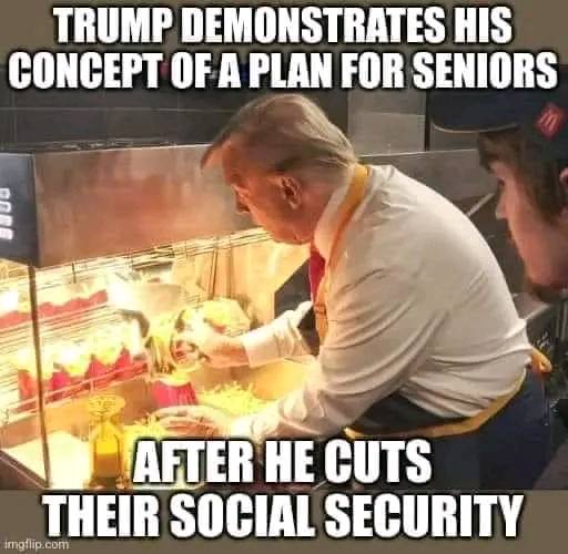 A man resembling Donald Trump, wearing a white shirt and yellow apron, is shown assembling a burger behind a fast-food…