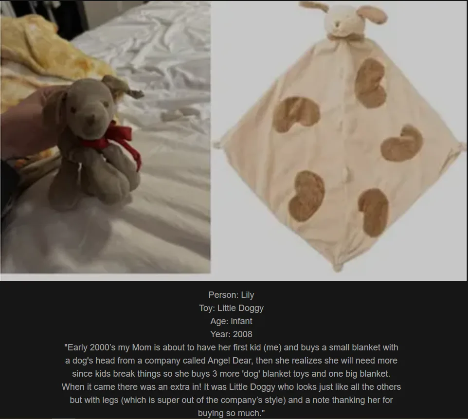 The image shows two panels: left, a hand holding a small, brown plush dog toy with a red ribbon on a bed; right, a beige…