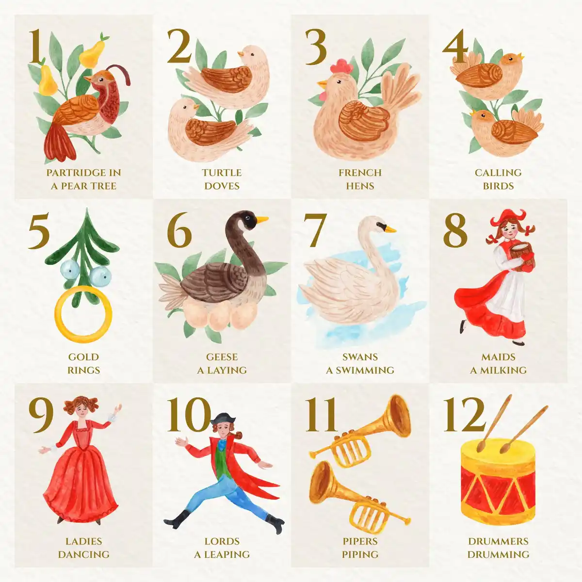 A watercolor illustration displays the 12 days of Christmas in a 3x4 grid, each square numbered 1-12 and depicting a…
