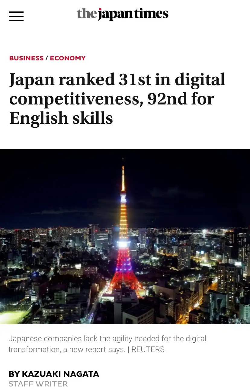 A screenshot of a The Japan Times news article with a headline stating Japan ranked 31st in digital competitiveness and 92nd…