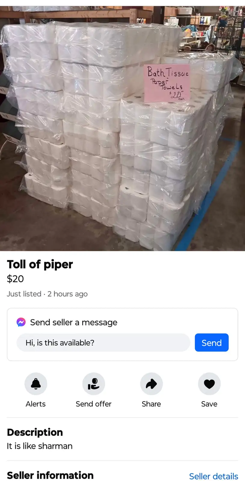 A large stack of toilet paper rolls wrapped in plastic is labeled with a handwritten pink sign reading 'Bath Tissue Paper…