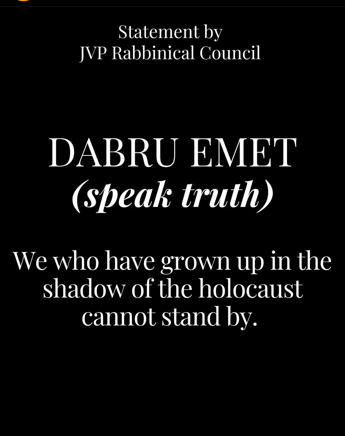 A black background with white text mimicking a formal statement from the JVP Rabbinical Council. The text reads 'DABRU EMET…