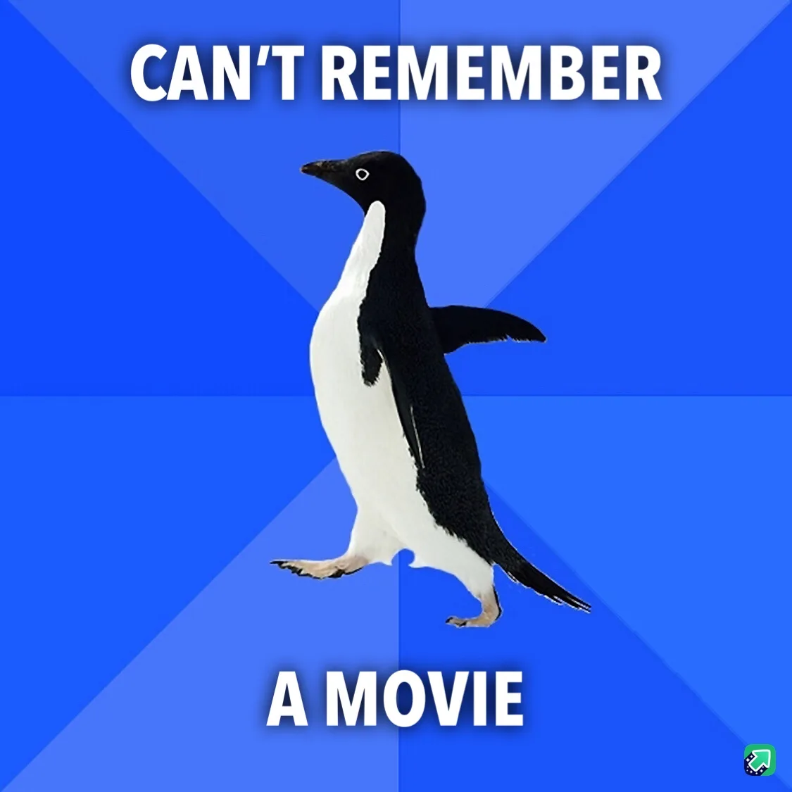 A black-and-white penguin stands against a blue geometric background, with the text 'CAN'T REMEMBER' at the top and 'A…