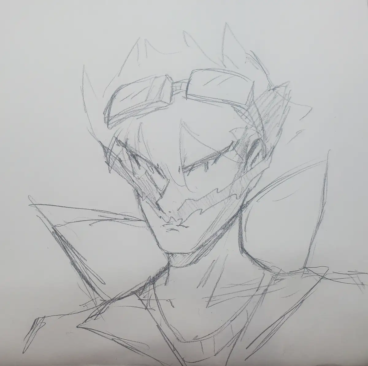 A rough pencil sketch of an anime-style male character with spiky hair, glasses pushed up on his forehead, and a stern…