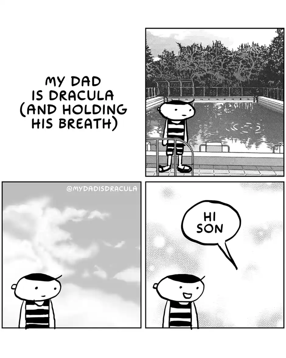 A black-and-white comic strip shows a boy in a striped swimsuit standing by a pool, then looking up at the sky. A speech…