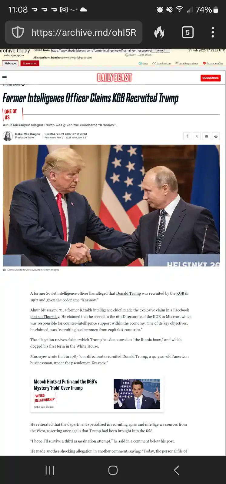 A screenshot of a Daily Beast article shows Donald Trump and Vladimir Putin shaking hands in front of American and Russian…