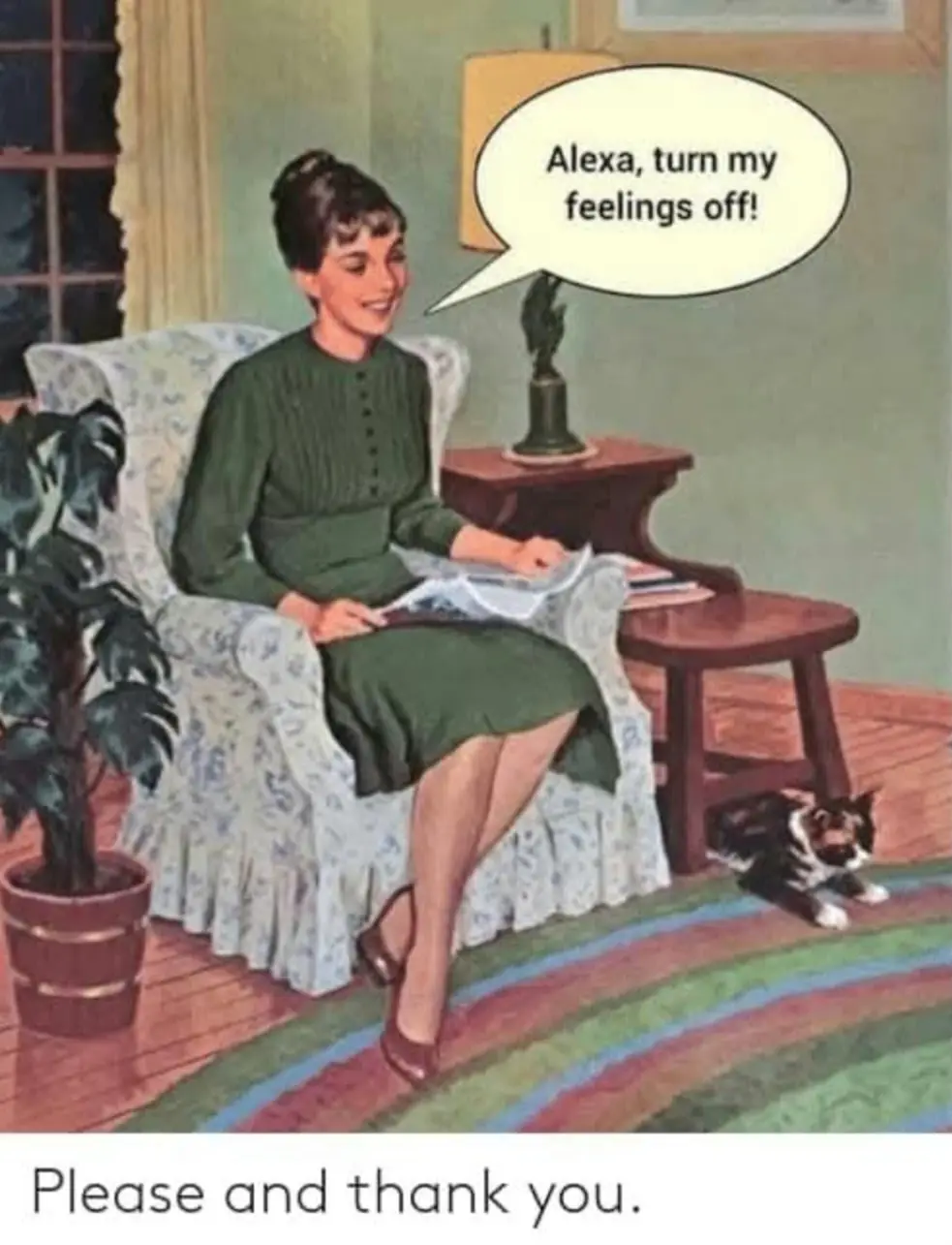 A vintage-style illustration shows a smiling woman in a green dress sitting in a floral armchair, holding a newspaper. A…