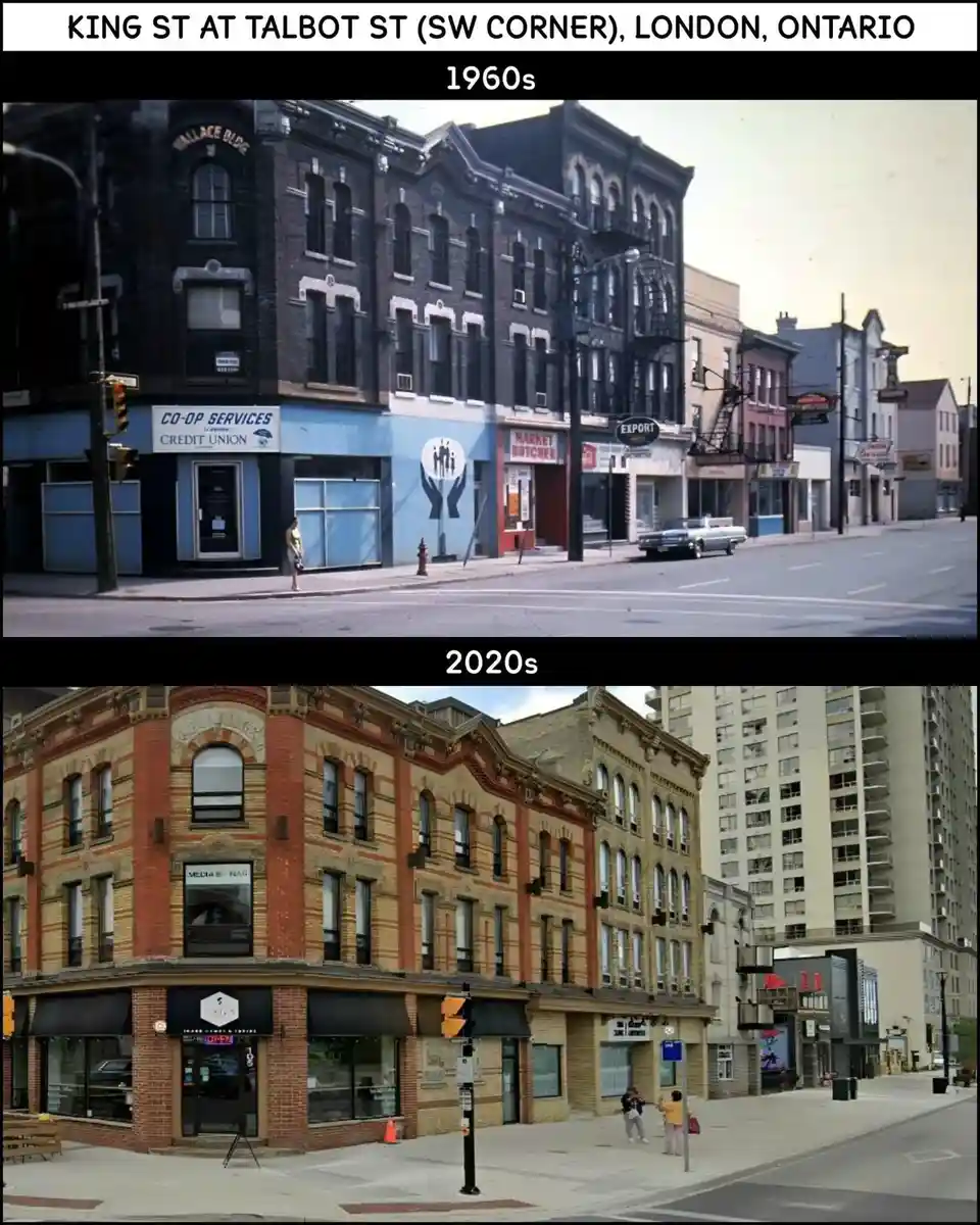 This meme displays two photos of the same street corner in London, Ontario, labeled '1960s' and '2020s'. The top image shows…