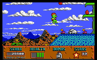 A screenshot from a retro video game shows a green dinosaur-like character jumping over a landscape with mountains, clouds…