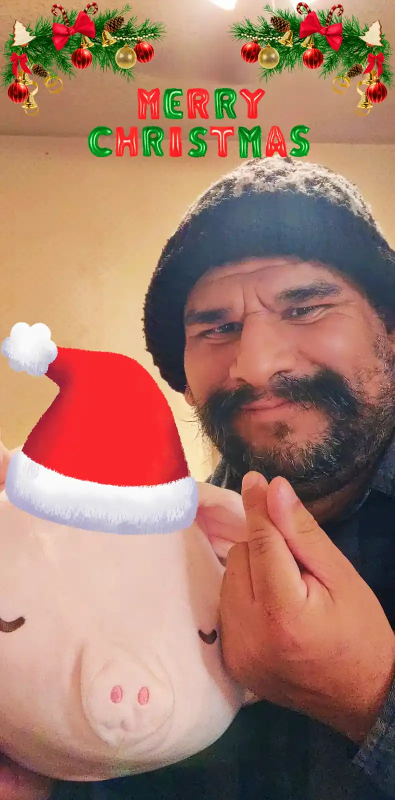 A man with a dark beanie and beard holds a plush pig wearing a red Santa hat, with festive garland and 'MERRY CHRISTMAS'…