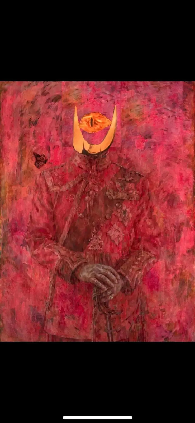 A surreal painting depicts a figure in ornate, red military-style uniform with hands clasped over a cane, set against a…