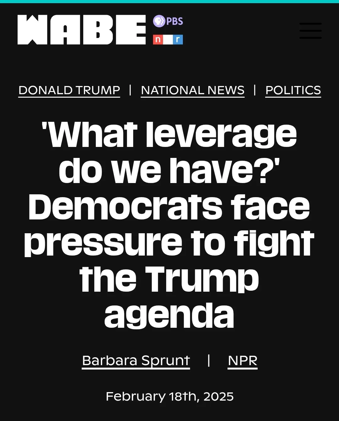 A screenshot of a WABE news article header with a black background and white text. The headline reads 'What leverage do we…
