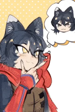 A six-panel anime-style comic strip shows a cat-eared character in a red coat, progressively blushing and smiling more…