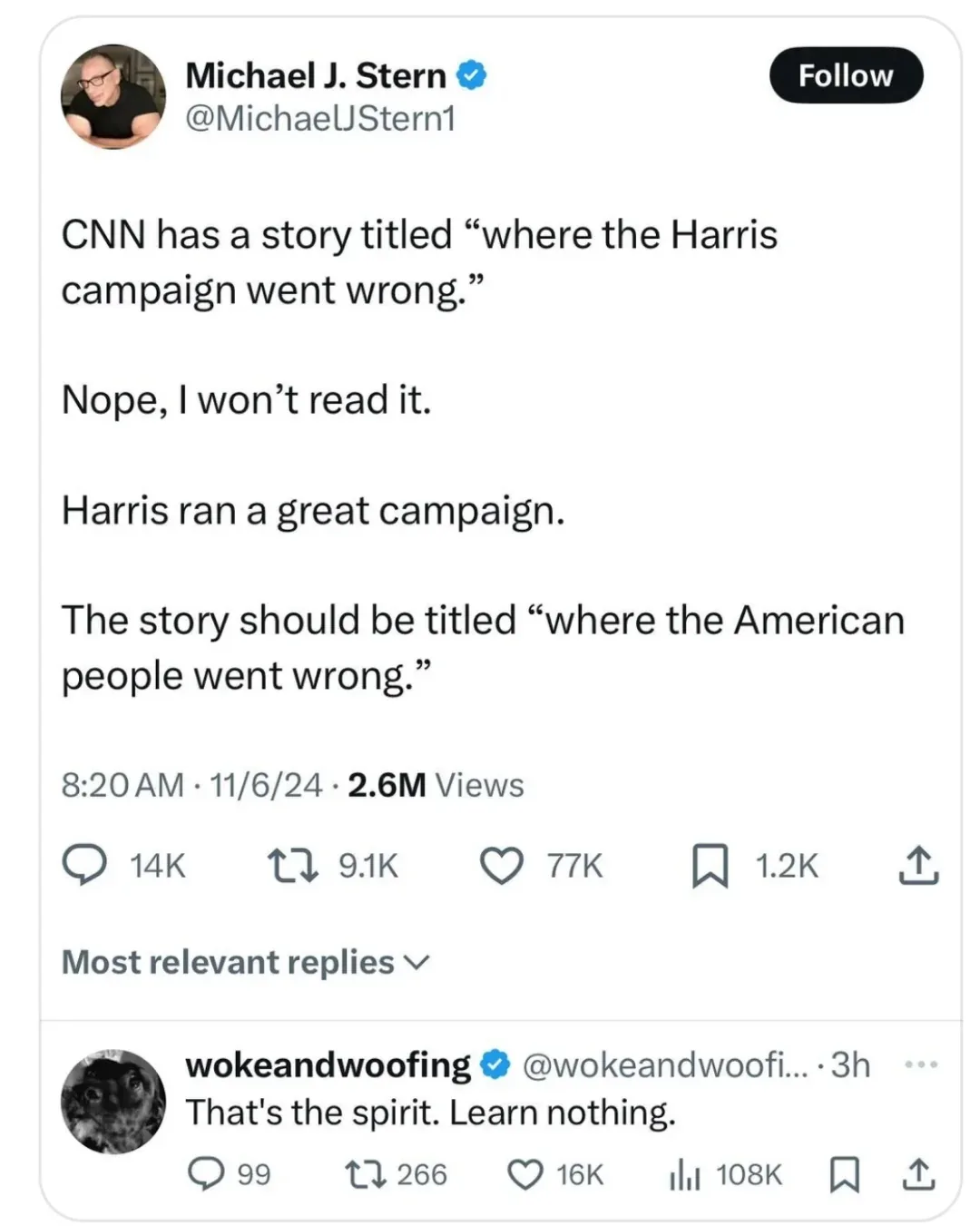 A screenshot of a tweet by Michael J. Stern criticizing a CNN article about Kamala Harris's campaign, arguing the real issue…