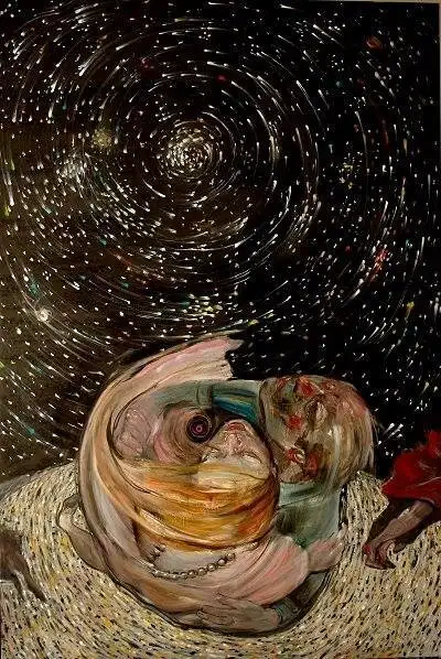 A distorted, swirling painting depicts a person with a tear-streaked face, seemingly crying, against a cosmic vortex…