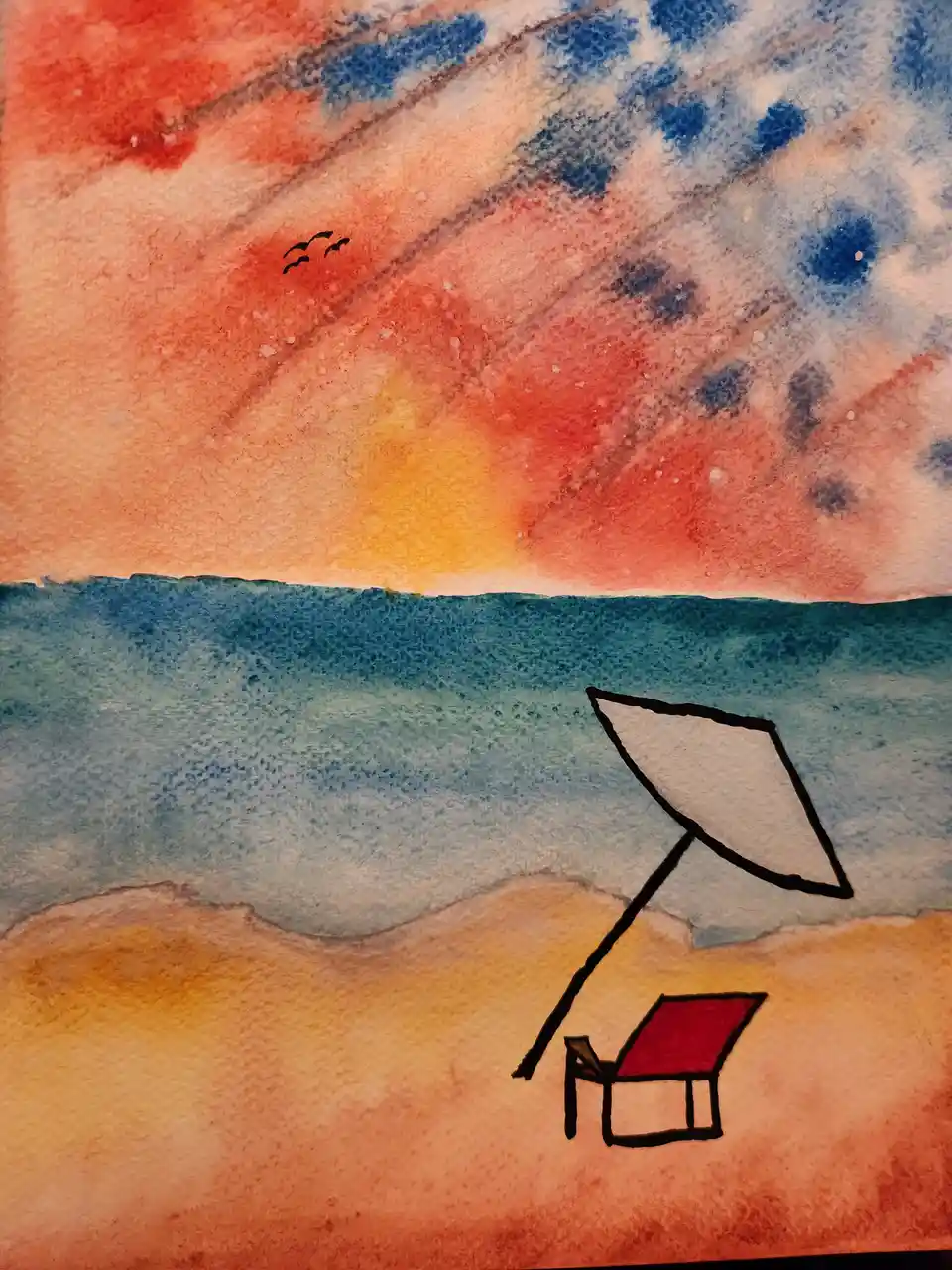 A watercolor painting depicts a serene beach scene at sunset with orange and blue skies, a calm ocean, and a lone red beach…