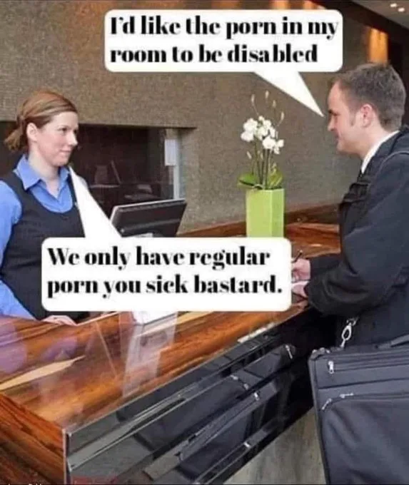 A man in a suit stands at a hotel front desk, speaking to a female receptionist. A speech bubble above him reads, 'I'd like…