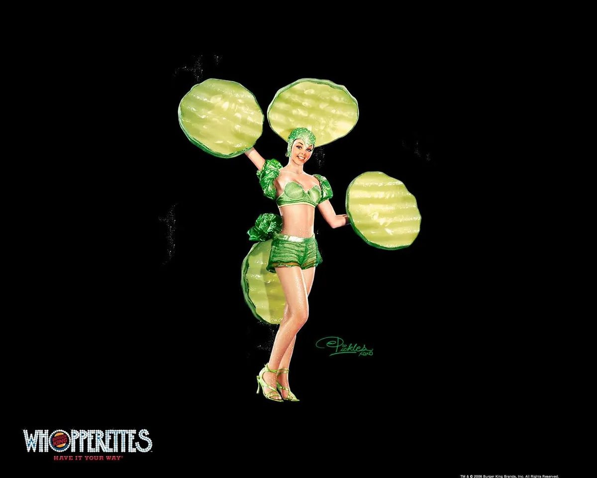 A stylized female cheerleader in a green outfit with pickle slices as props and headpiece, set against a black background…