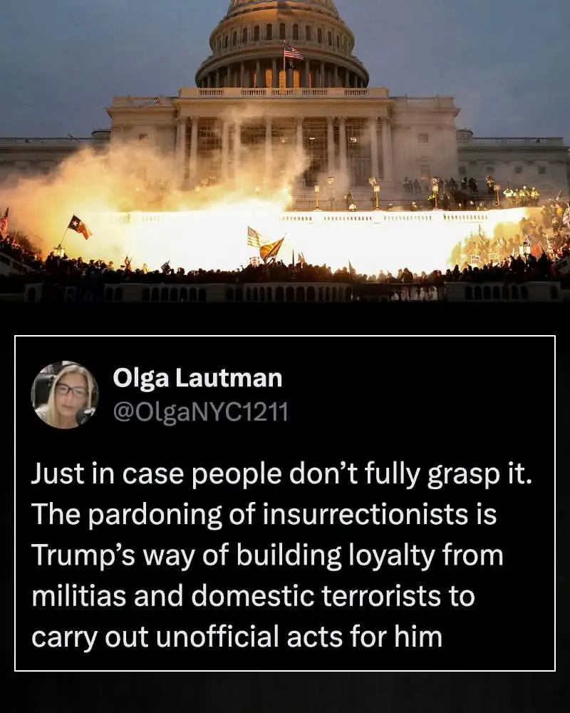 The image shows a tweet from Olga Lautman overlaid on a photo of the U.S. Capitol building at dusk, with crowds and smoke…