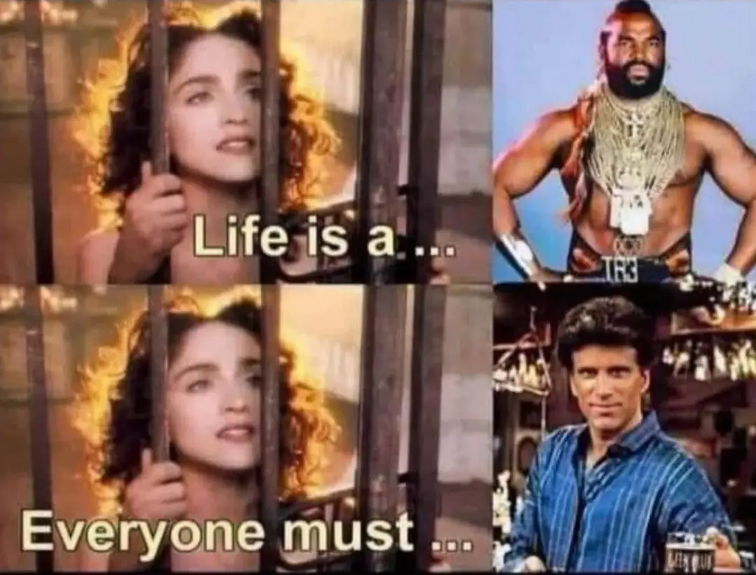 The image is a four-panel meme. Top-left: a woman with curly hair looking out from behind prison bars, with text 'Life is a…