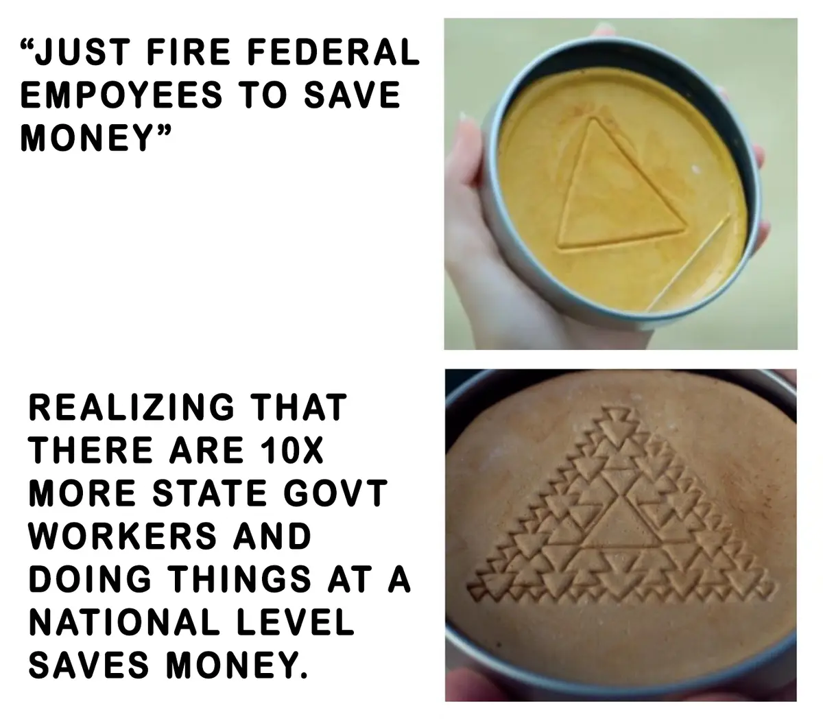 The meme shows two images of cakes in pans. The top image shows a simple triangle pressed into the surface of a yellow cake…