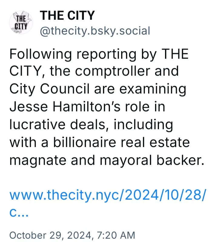 A screenshot of a social media post from 'THE CITY' account, dated October 29, 2024, announcing an investigation into Jesse…