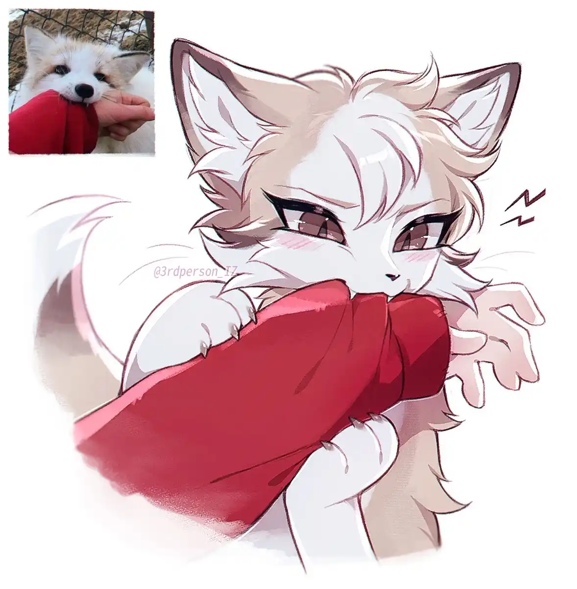 A small fox pup in a photo bites a red fabric held by a human hand, while a larger anime-style anthropomorphic fox character…