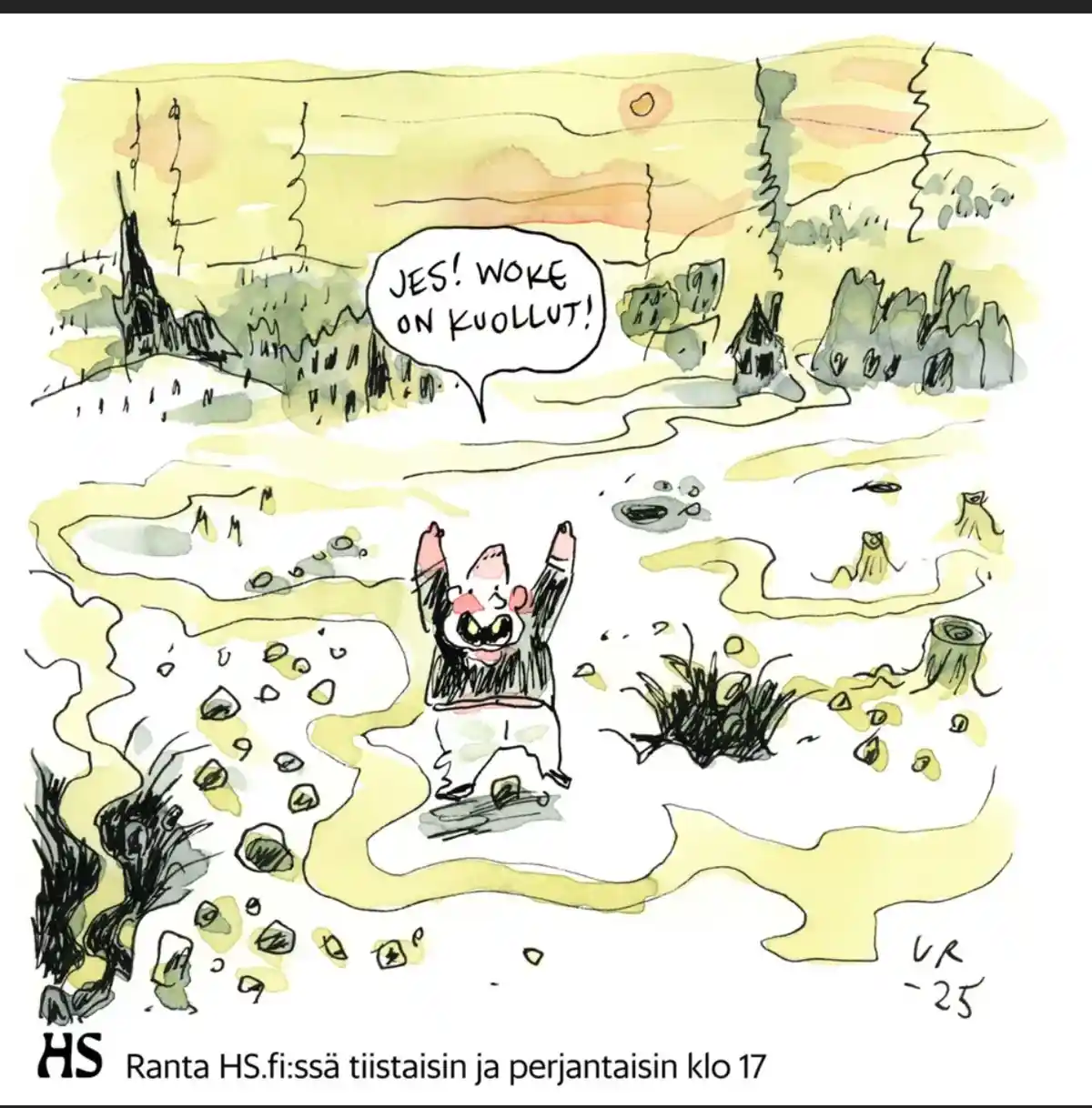 A watercolor cartoon depicts a cartoonish, angry-looking figure with raised arms standing in a swampy, forested landscape…