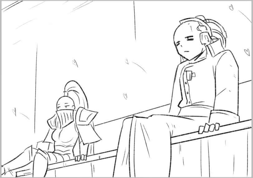 A black-and-white line drawing shows two anime-style characters sitting on a ledge. The character on the right, with…