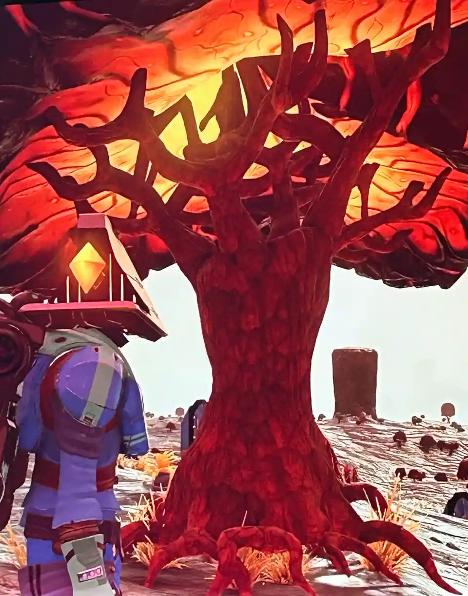 A character in blue and purple armor stands beside a massive, gnarled red tree with a small house perched on its upper…